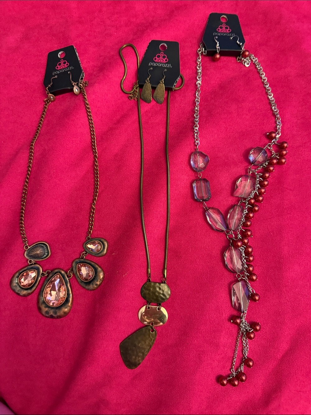 paparazzi Pink Crystal Cluster copper Tone Mixed Necklace Set